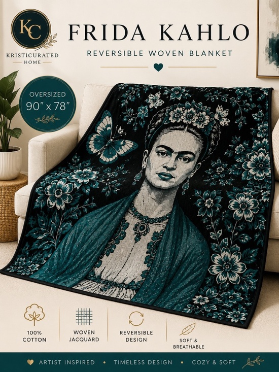 Other - 🖤 Frida Kahlo Reversible Woven Cotton Throw Blanket Oversized 90x78 Floral Boho